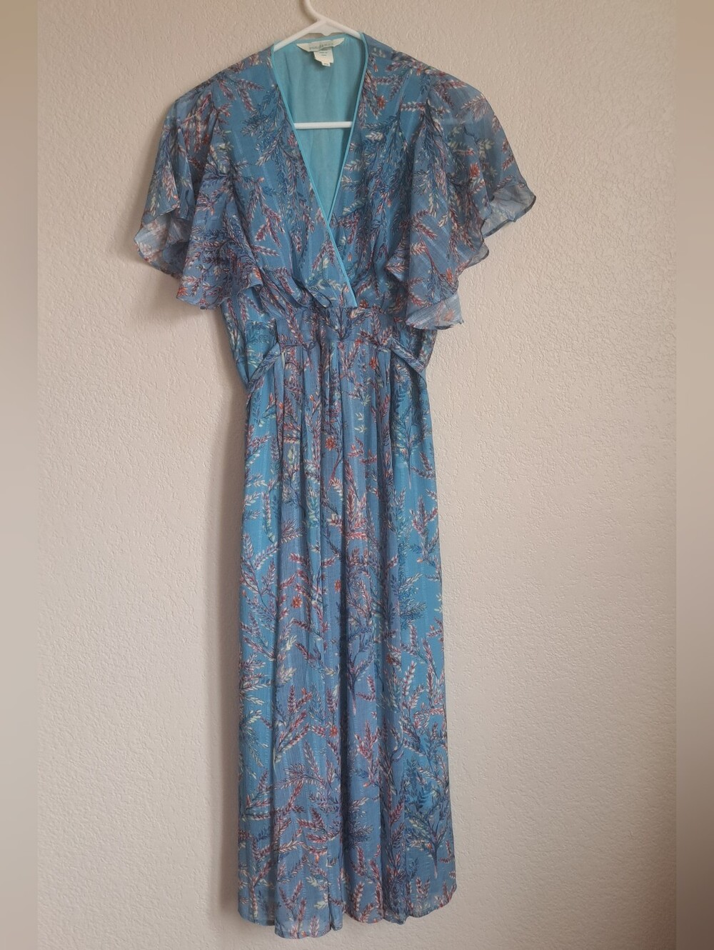 Sundance Blue Leaf Print Tie Waist V-neck Ruffle Sleeve Maxi Dress Size Small